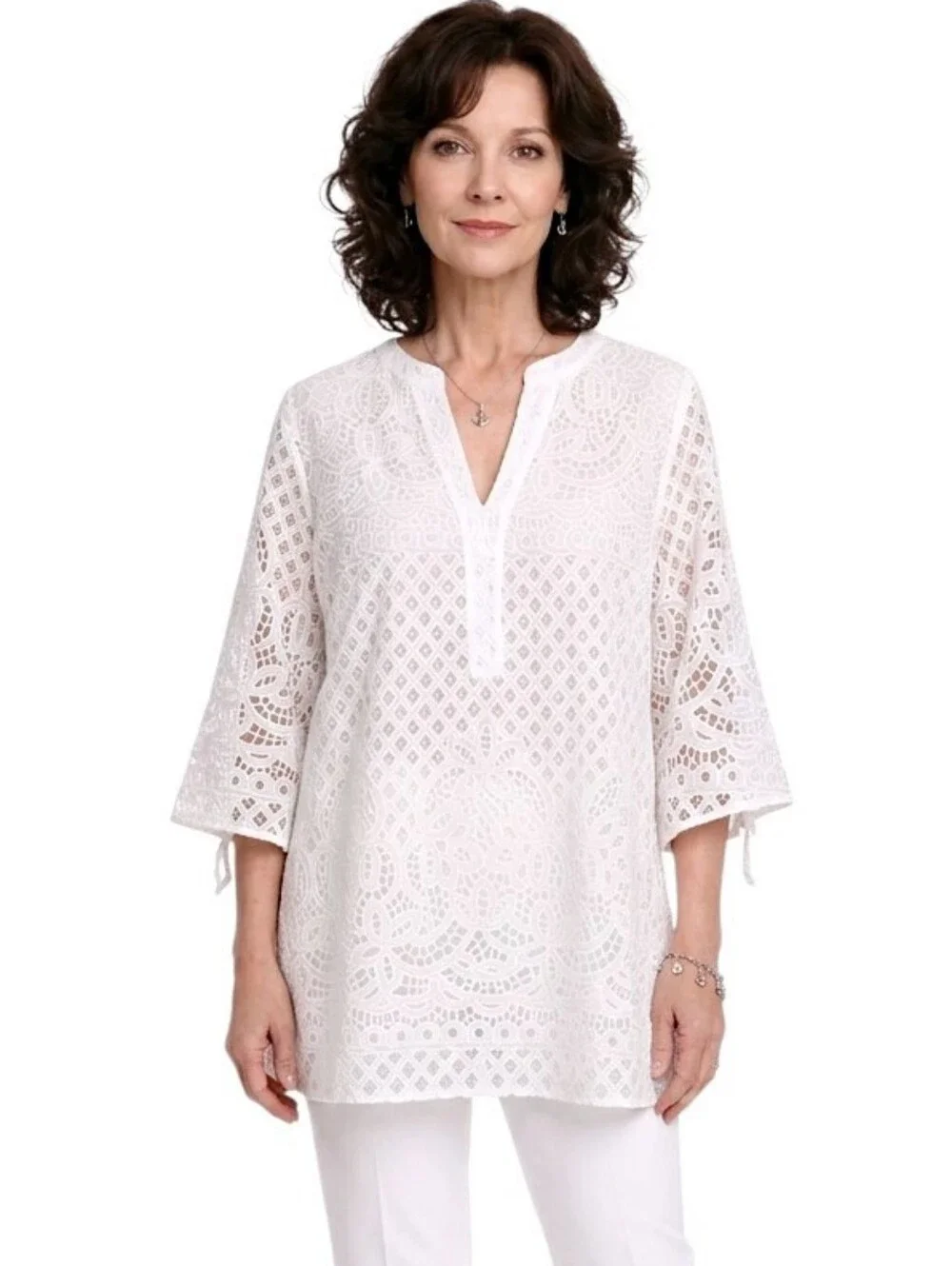 Chico's White Open Lace Split Notched V-neck 3/4 Sleeve Tunic Top Size XL - Picture 1 of 9